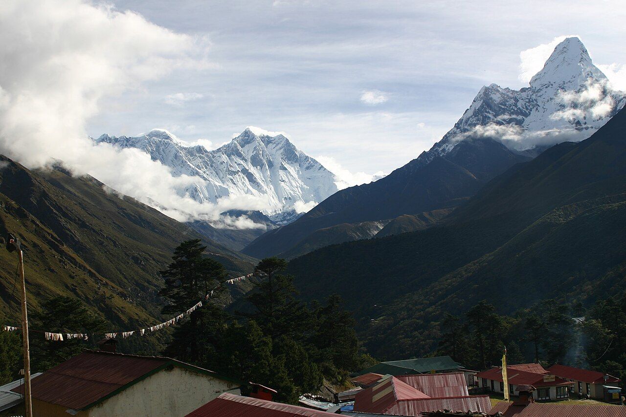 Everest, Lhotse and Ama Dablam from the trail near Tengboche
